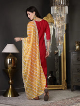 Women's Lehariya Print & Embroidered Muslin Straight Kurta Pant Dupatta Set-KPDPINKKASTURI